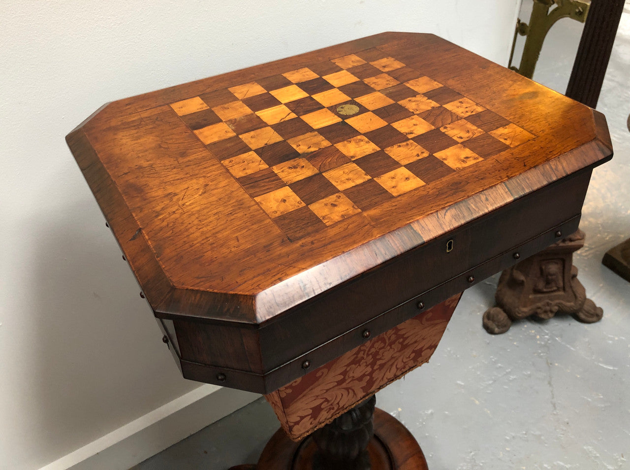 Early Victorian work/sewing/chess table. In amazing original detailed condition and it has been sourced locally. Circa: 1840.