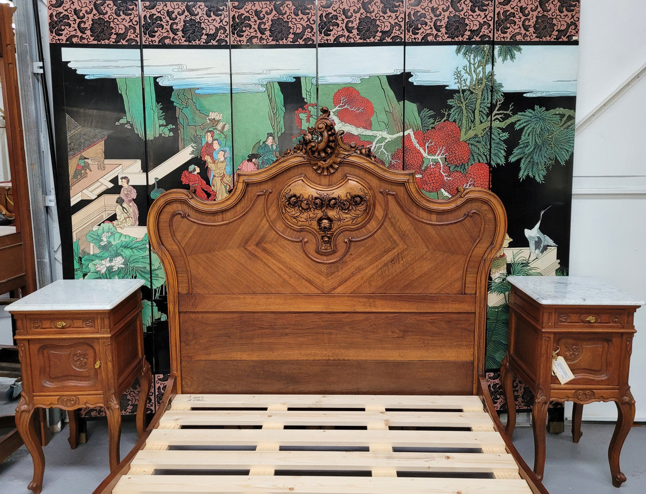 Beautifully carved French Walnut 19th Century queen bed head, foot and rails. It is in good detailed condition