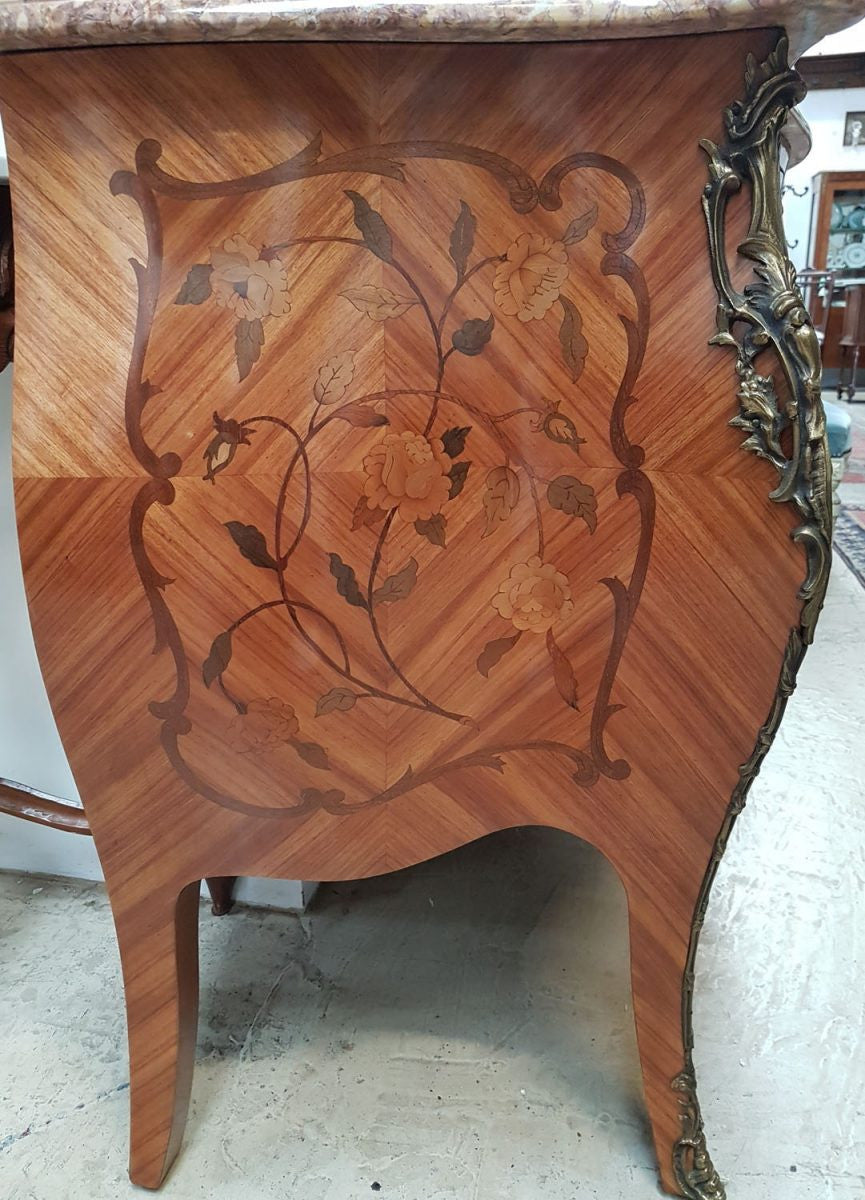 French Marquetry Inlay Kingwood Louis XV Marble Top Commode