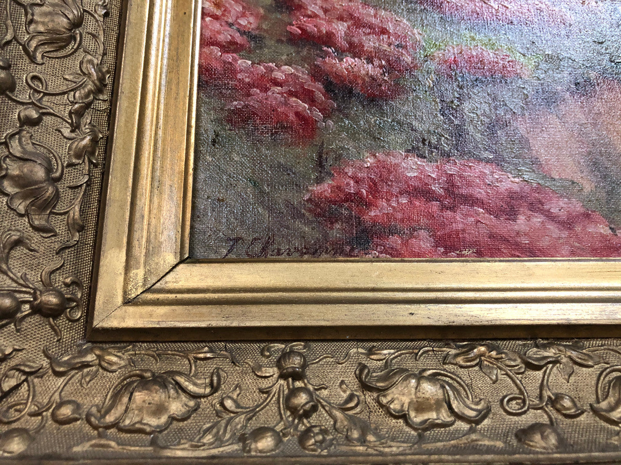 Beautiful French country scene oil on canvas in a lovely decorative frame in good original condition..
