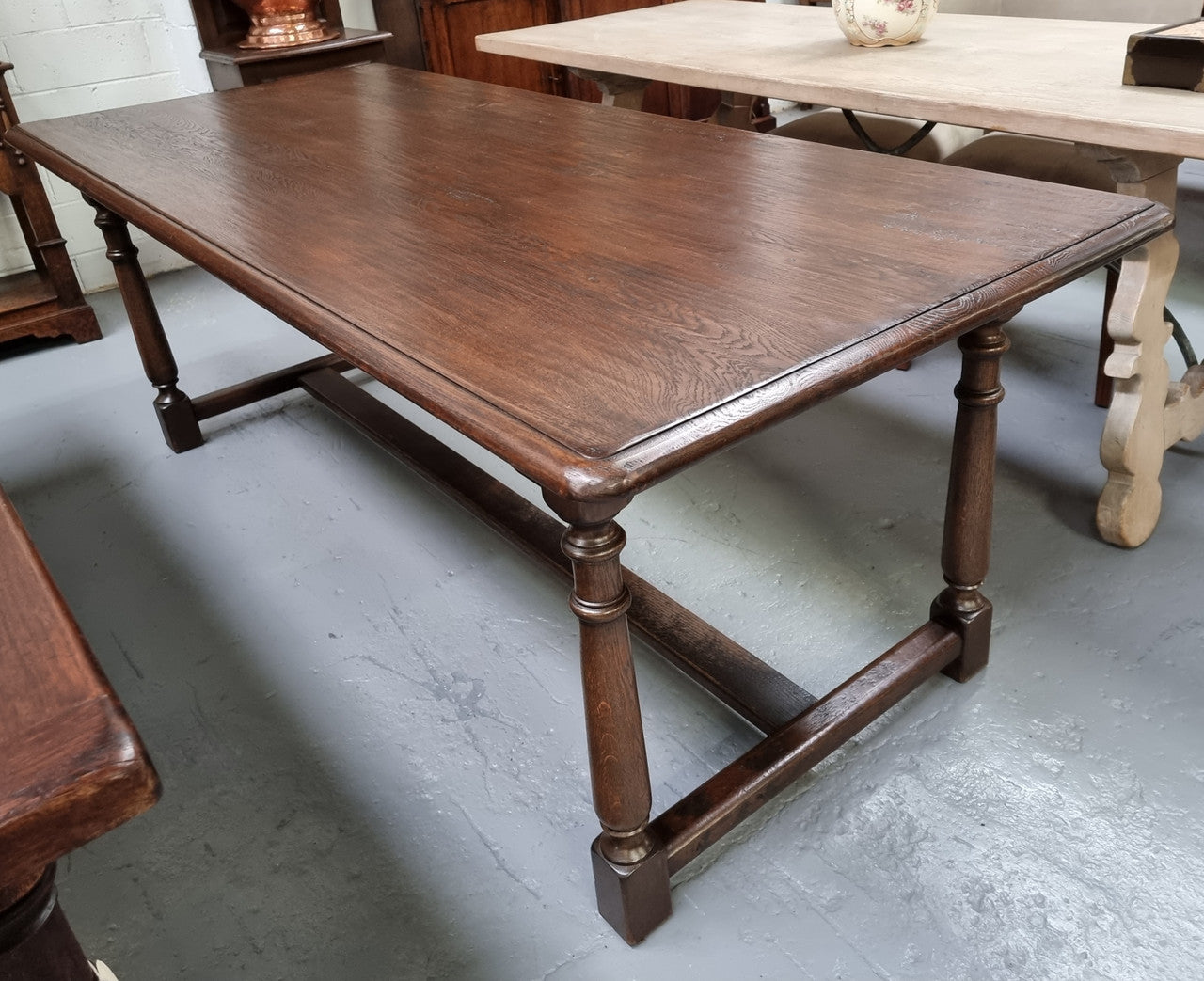 French Dark Oak Farmhouse Style Stretcher Base Dining Table