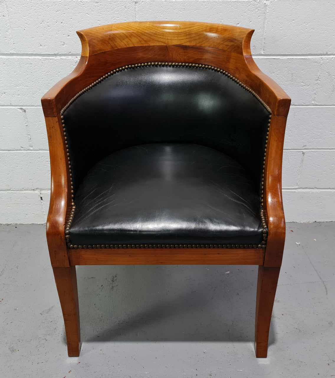 Antique Empire style Walnut and leather office desk chair. In good original detailed condition and leather is in good used condition.