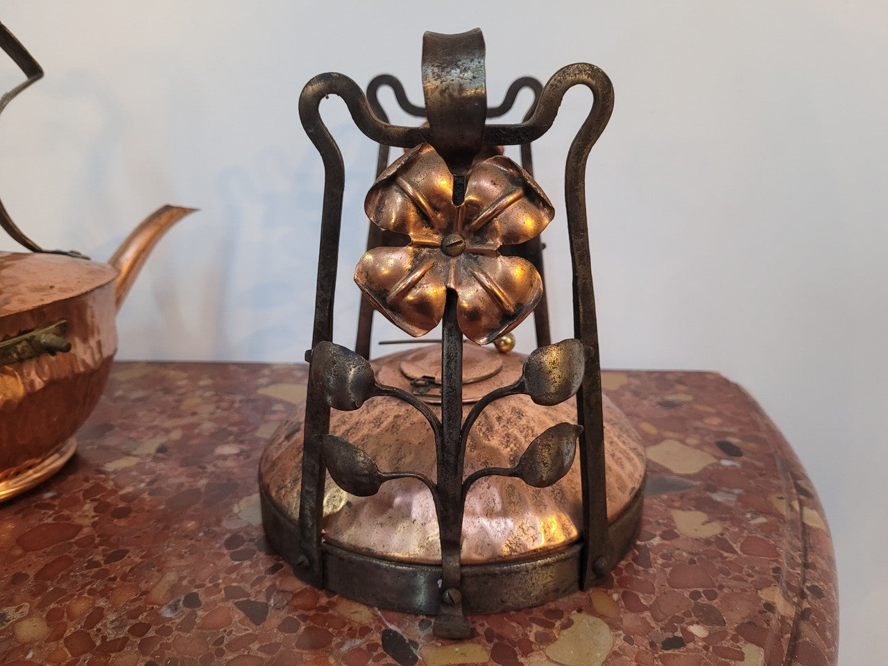 Art Nouveau style rustic Copper kettle on stand. Decorative only.