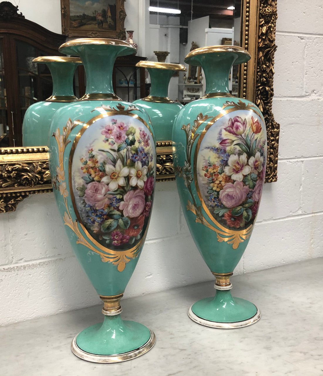 Pair of Antique French Limoges hand painted vases. Marked WG & Co (W Guerin & Co France Limoges) Circa 1900.