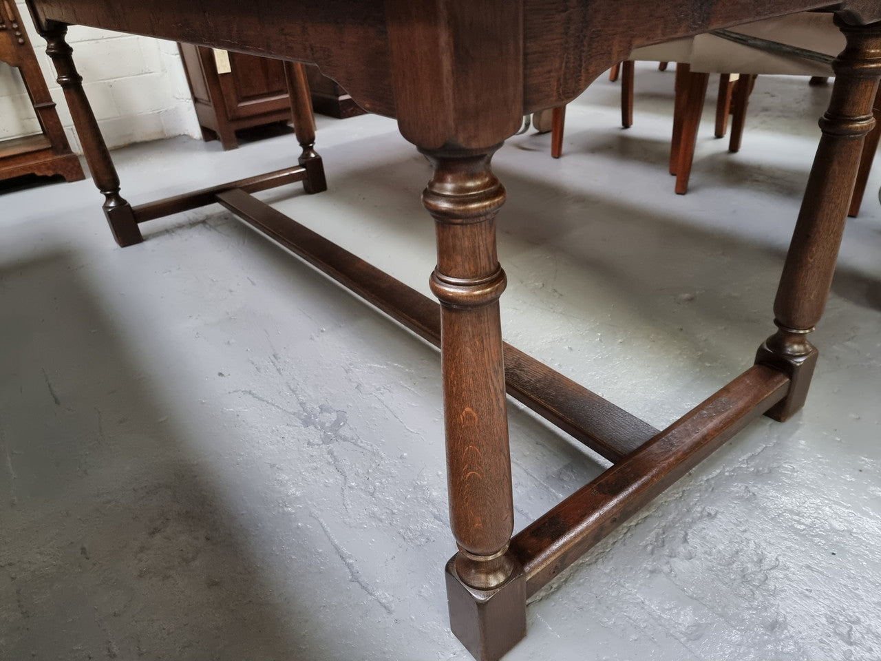 French Dark Oak Farmhouse Style Stretcher Base Dining Table