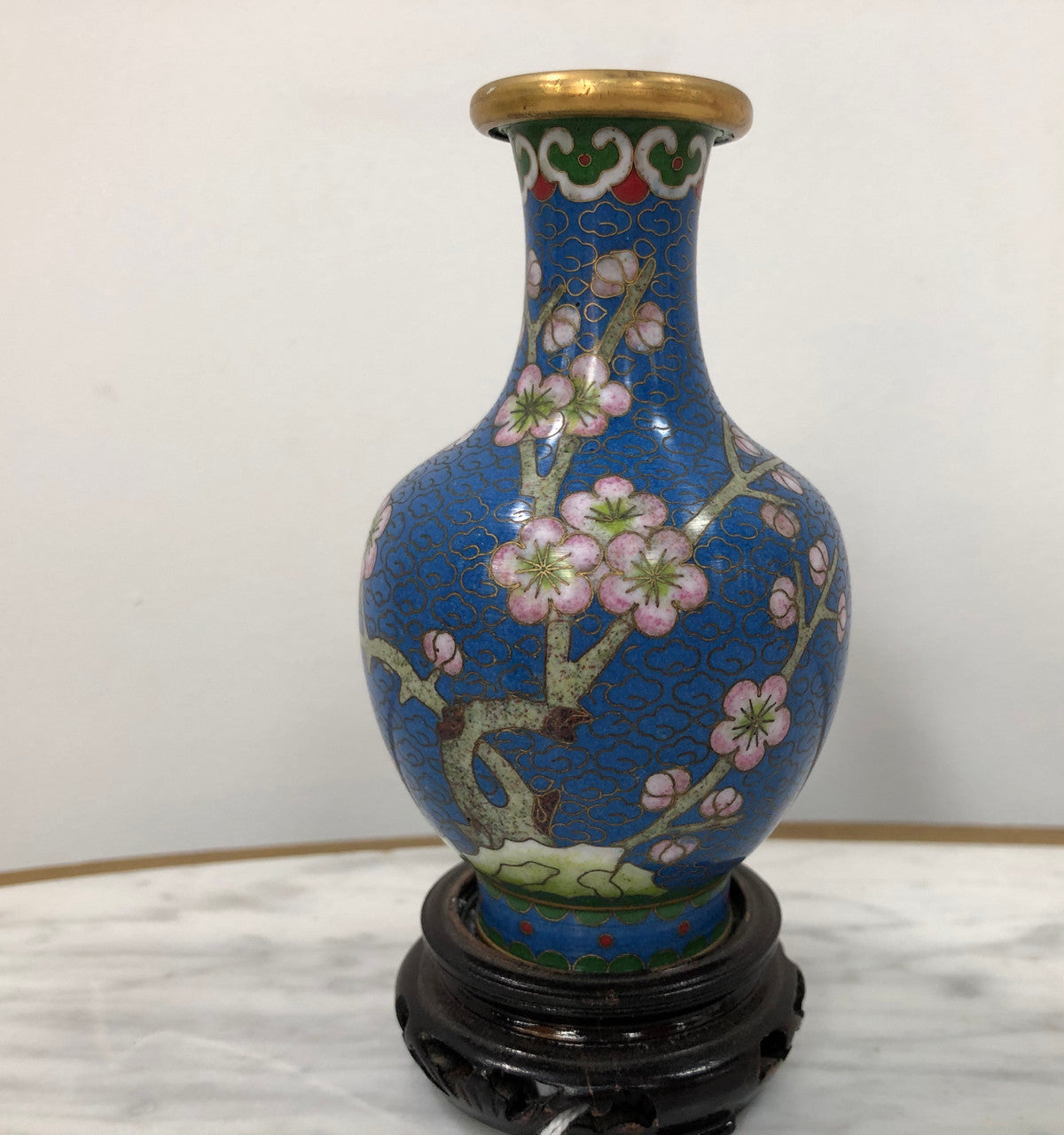 Small Blue Cloisonné Vase On Carved Stand