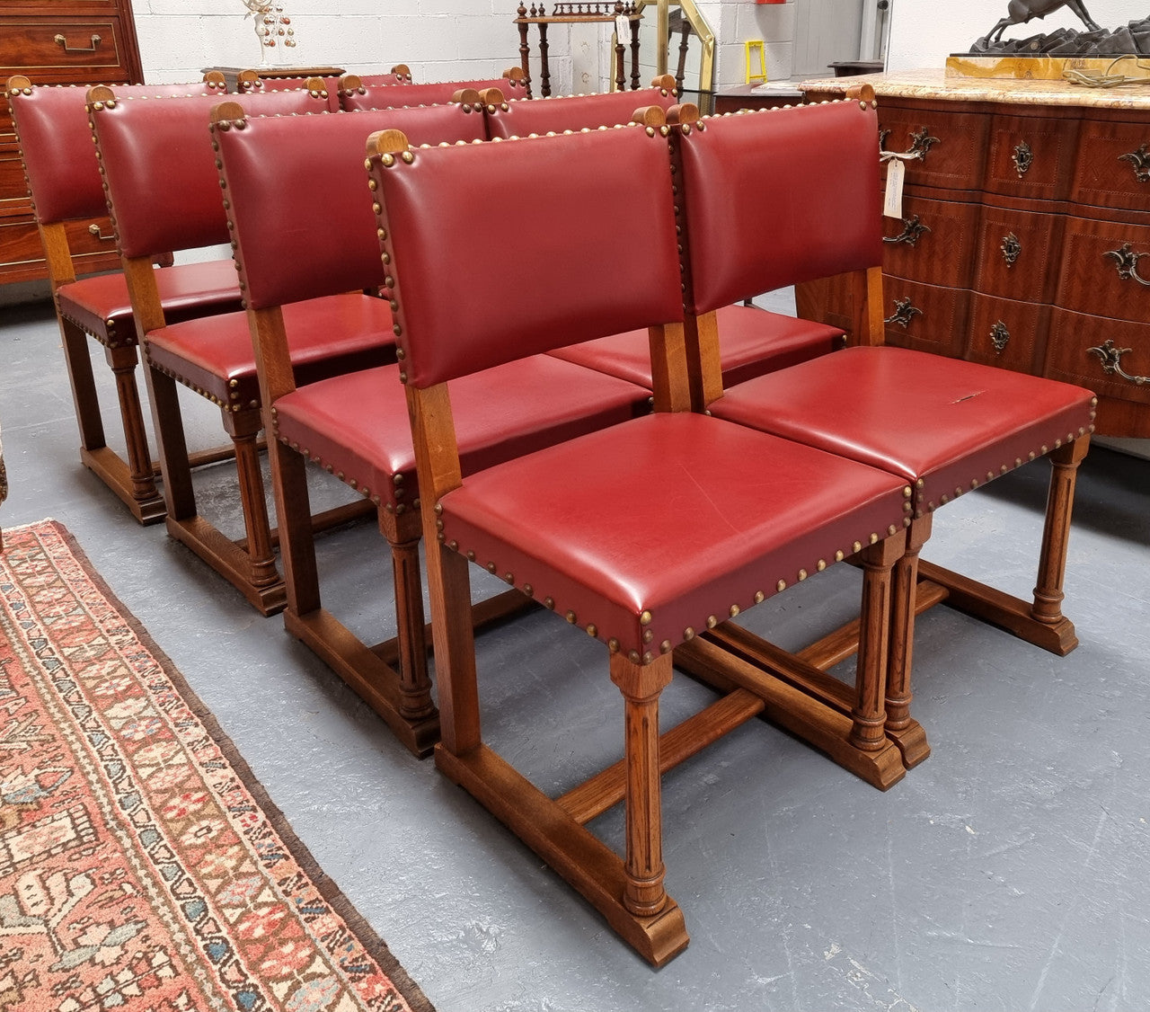 Set Of Eight Oak Upholstered With Faux Leather Dinning Chairs