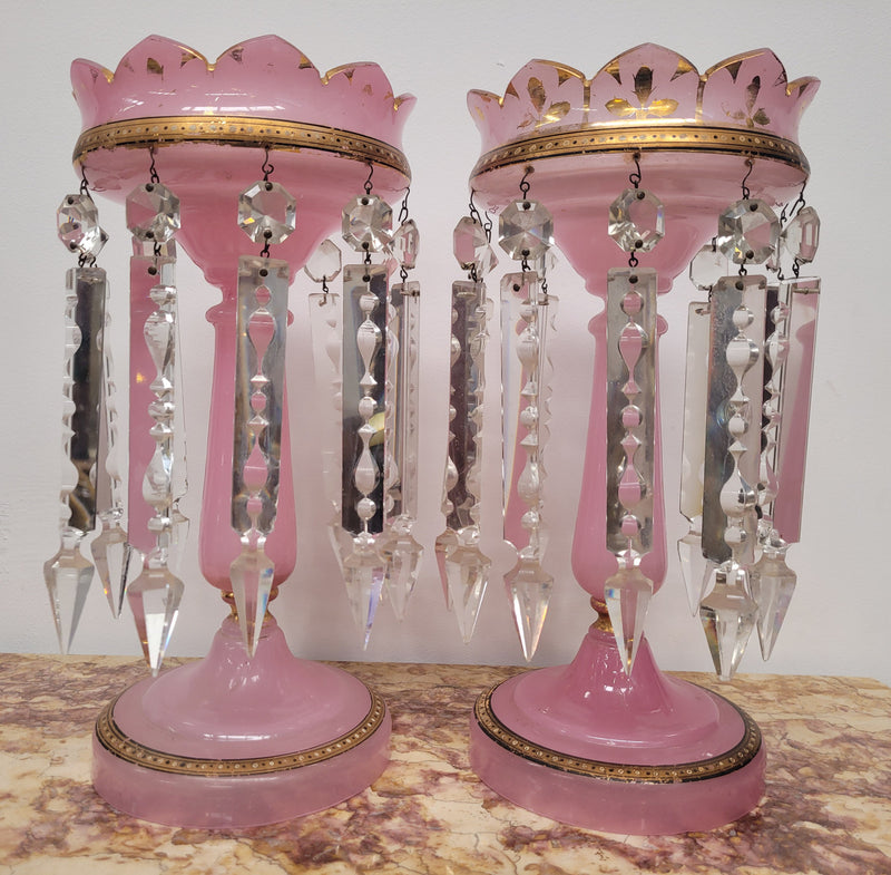 Large Victorian pink glass an gilt trim crystals lusters. It is in good original condition, please view photos as they help form part of the description.