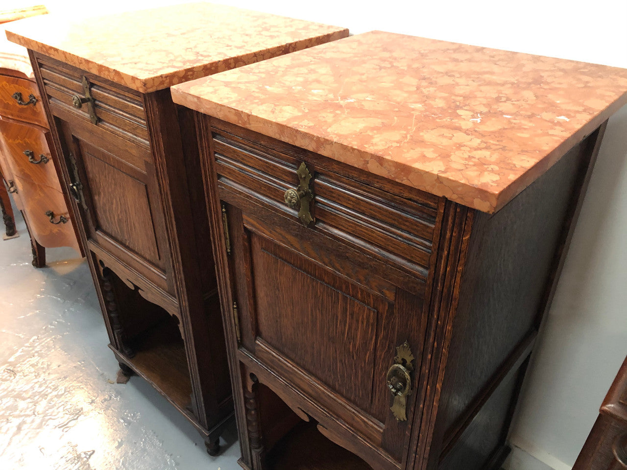 Pair Of French Marble Top Oak Bedside Cabinets