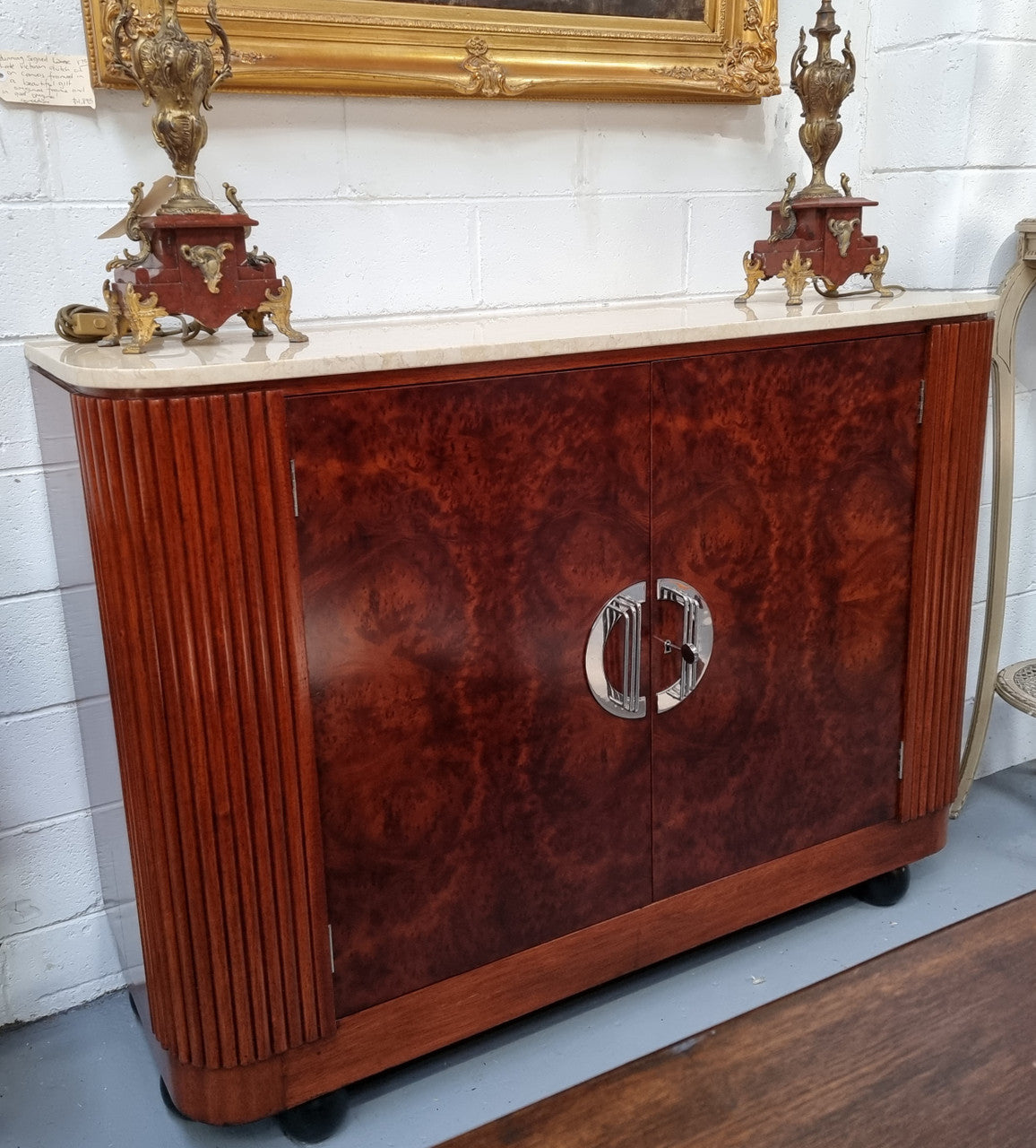 Beautiful Bespoke Art Deco style Walnut and Mahogany marble top buffet. In good original detailed condition.
