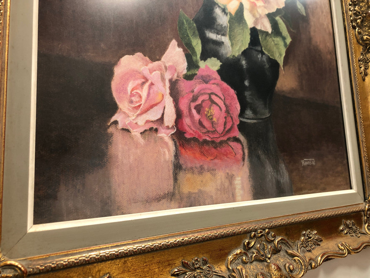 Vintage Framed Floral Painting Of Roses