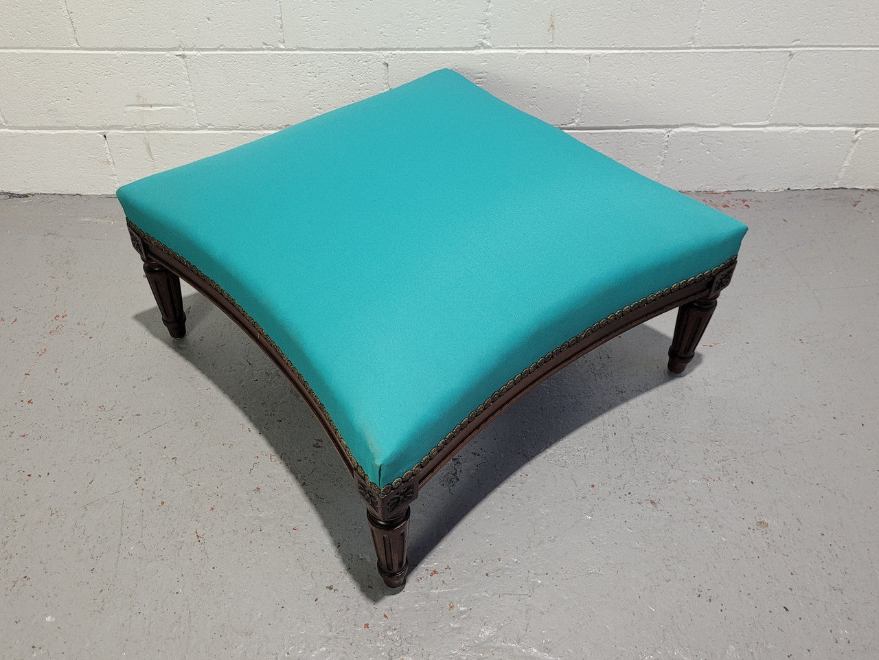 Louis XVI style Walnut blue upholstered large square foot stool. In good original condition.