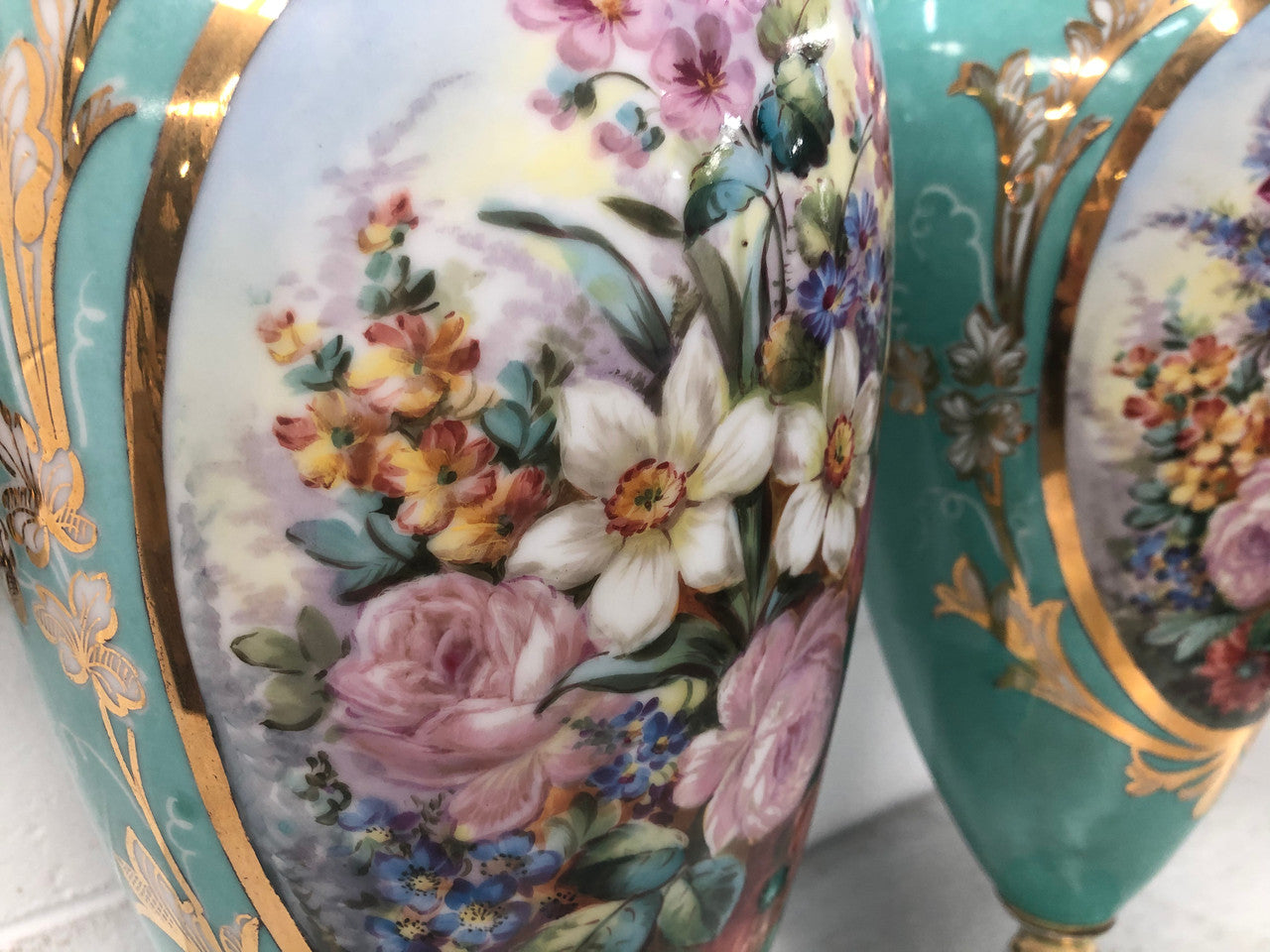 Pair of Antique French Limoges hand painted vases. Marked WG & Co (W Guerin & Co France Limoges) Circa 1900.
