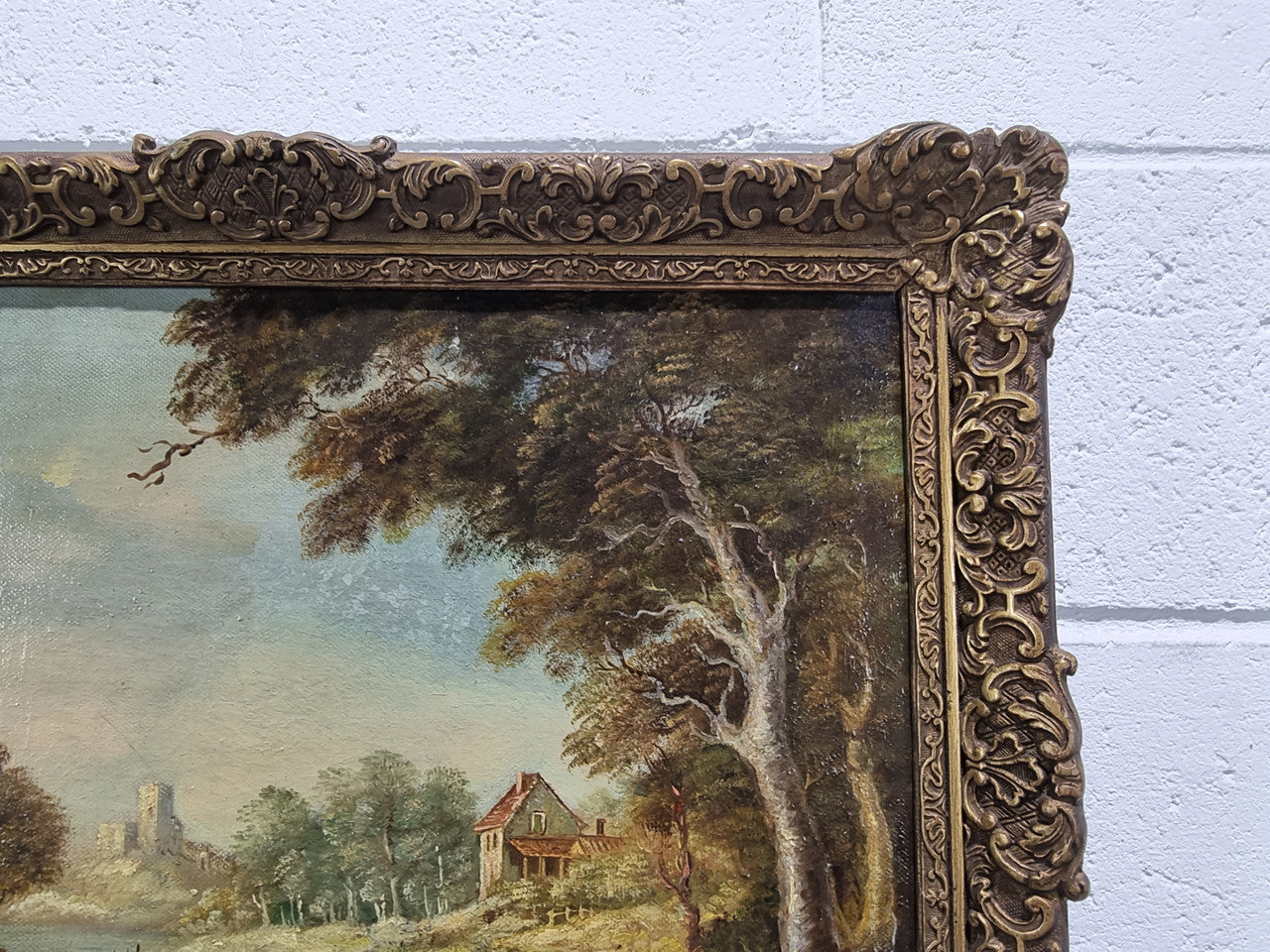 Beautiful antique french signed oil on canvas painting, depicting Castle Landscape. In good realigned original condition.