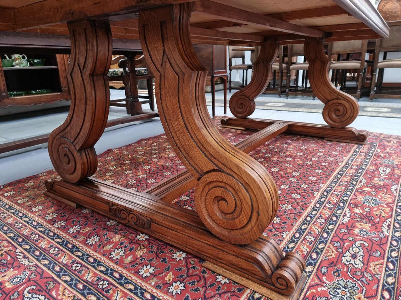 Beautiful Spanish style Oak dining table with a lovely carved border. Sourced in France and in good original detailed condition.