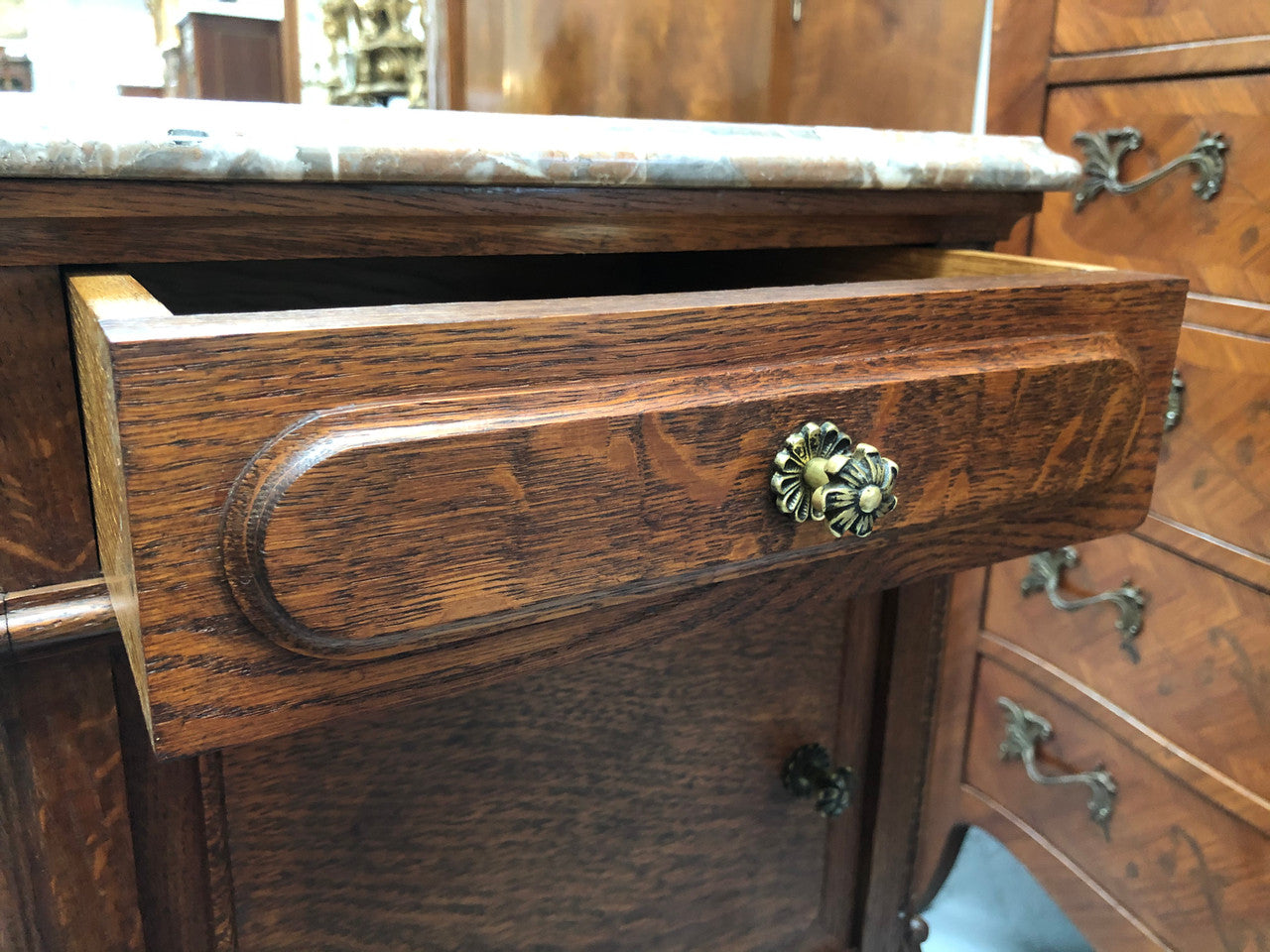 Pair Of French Oak & Marble Top Bedsides