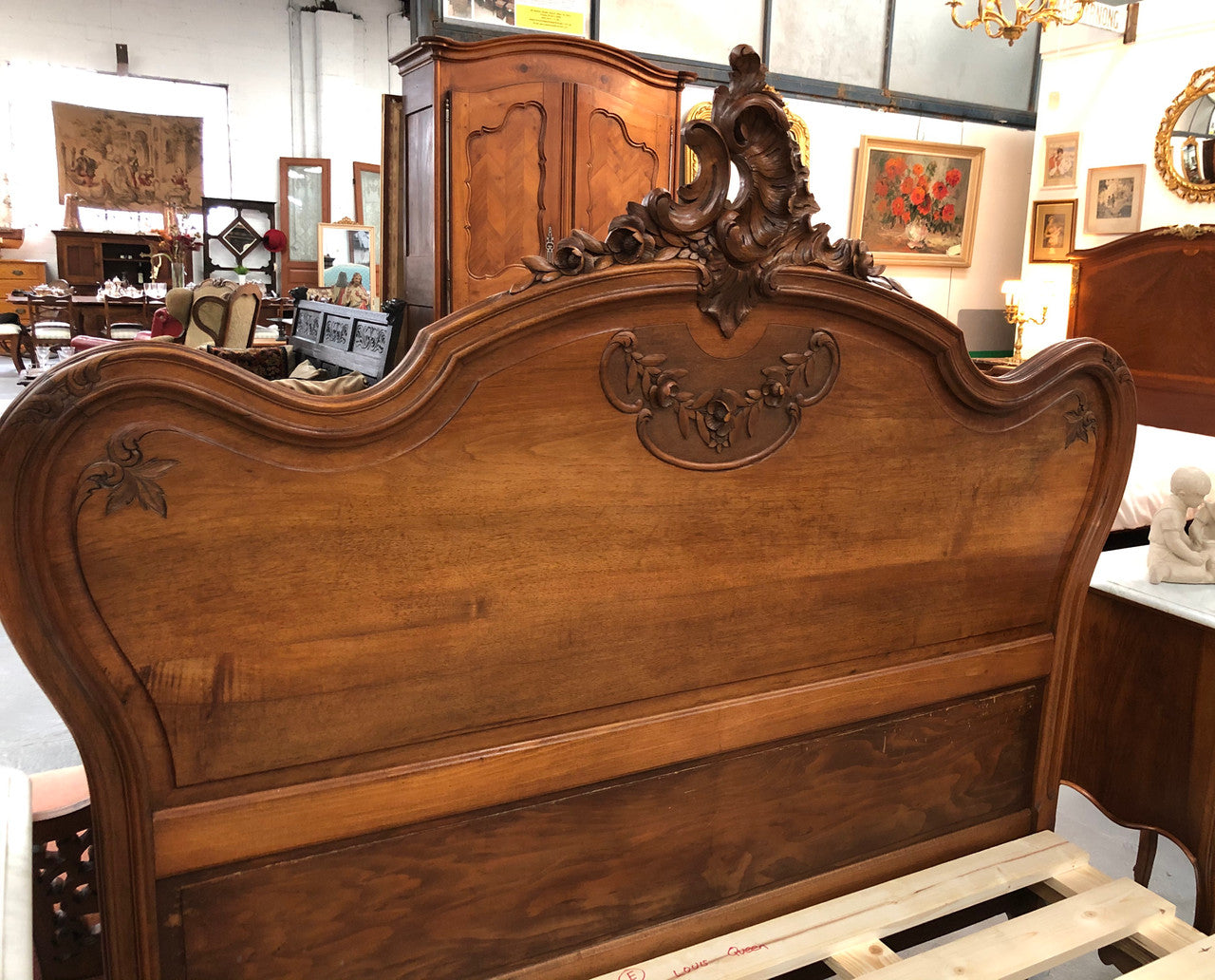 French Walnut Louis XV style queen size bed. Comes with custom made slats, all you need to is place you mattress on top.