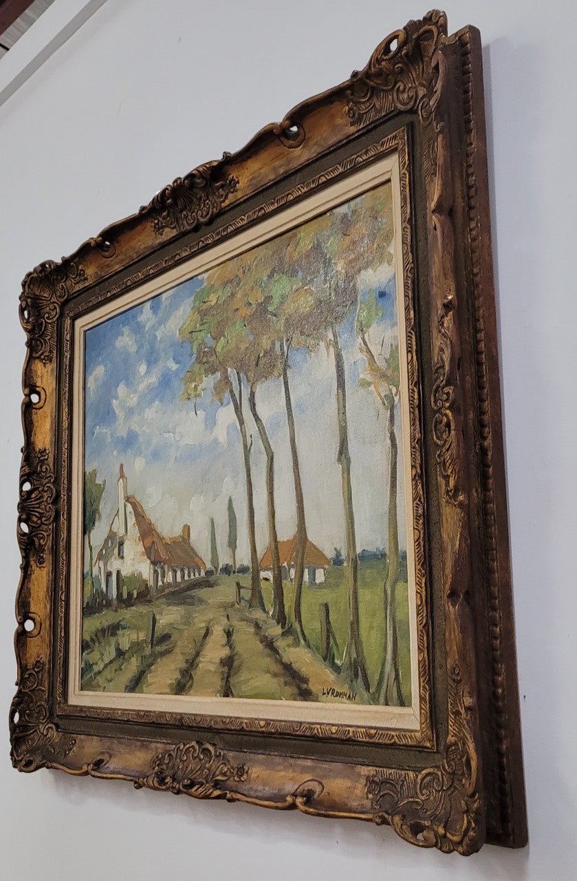 Impressionist style oil painting on canvas and on board of a farm scene. In an ornate gilt frame and in good original detailed condition.