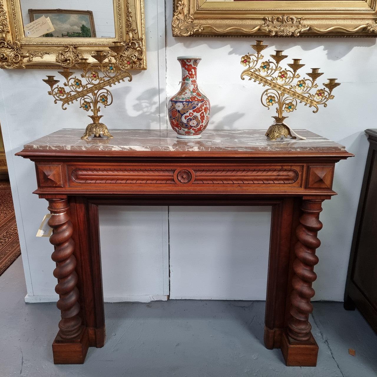 French 19th Century Walnut & Marble Top Fireplace Surround