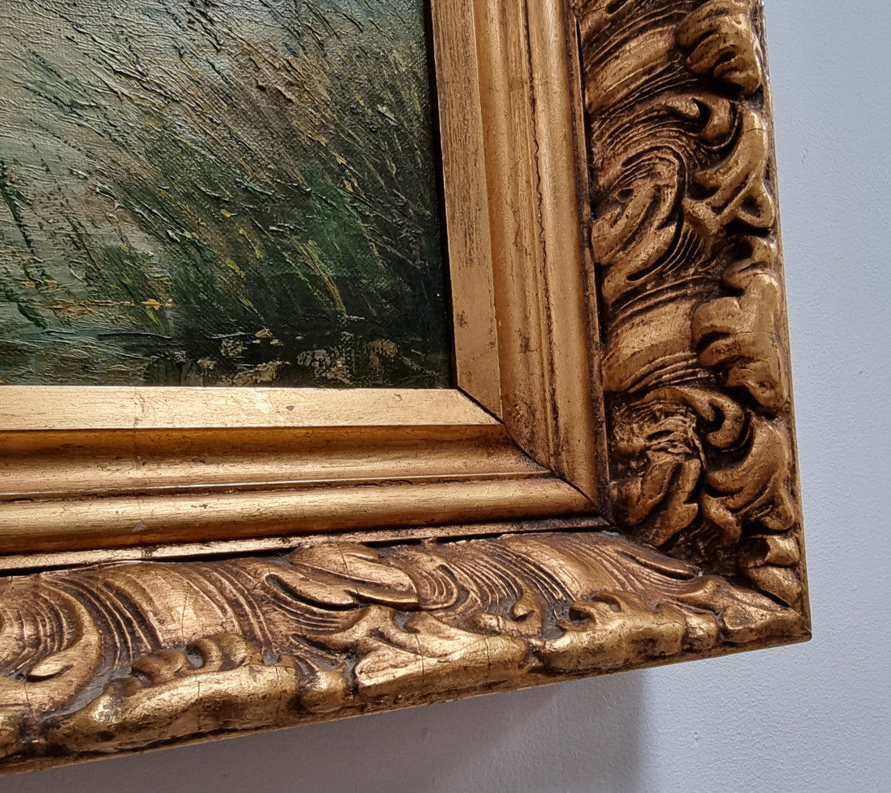 Lovely framed original oil on canvas of a country cottage scene on a river in good original condition