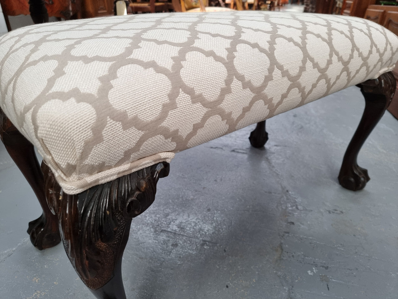 Upholstered Chippendale stool. Fabric is in very good condition and chair is in good original detailed condition.