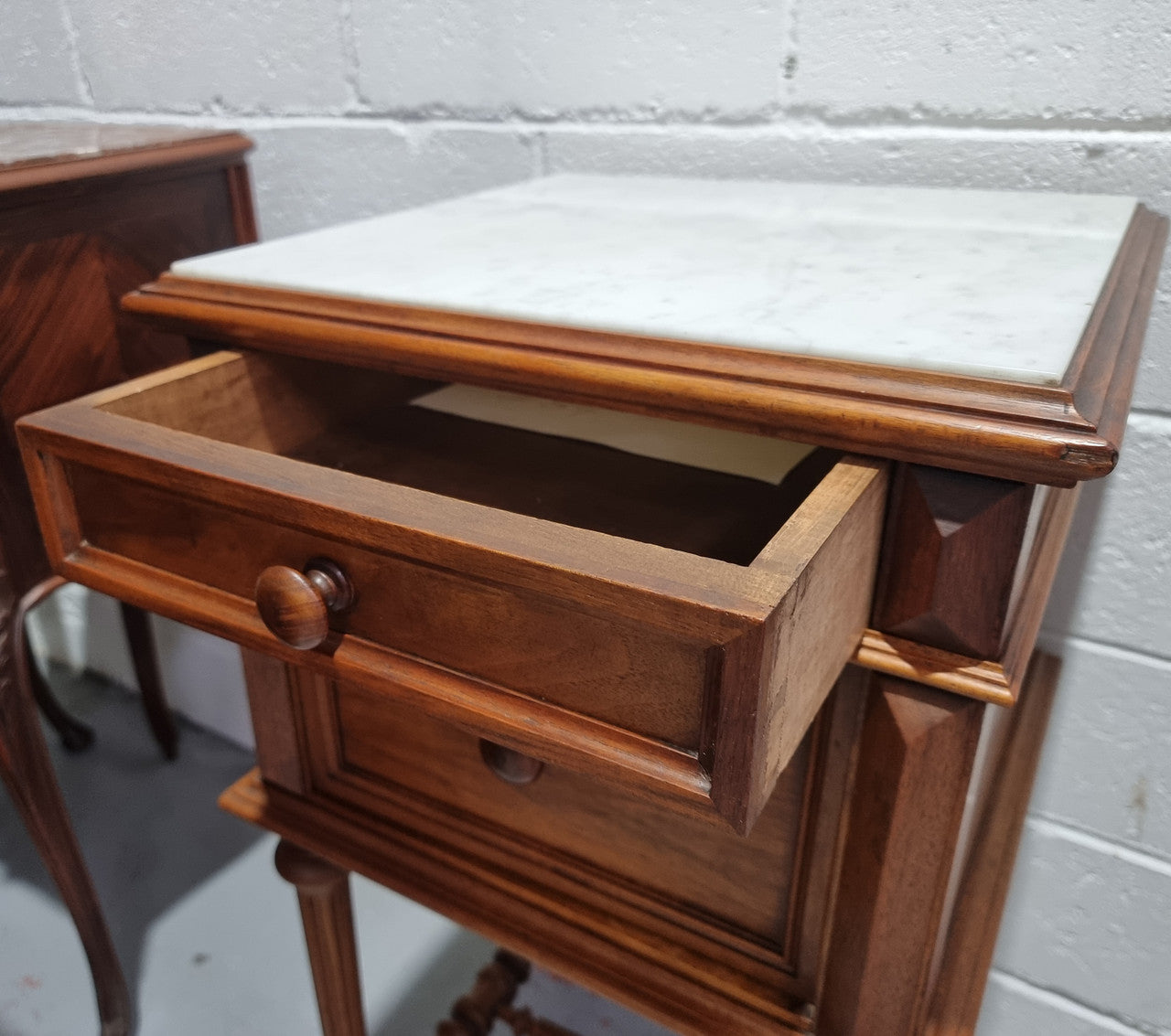 French Walnut Henry II Style Bedside Cabinet With White Marble Top