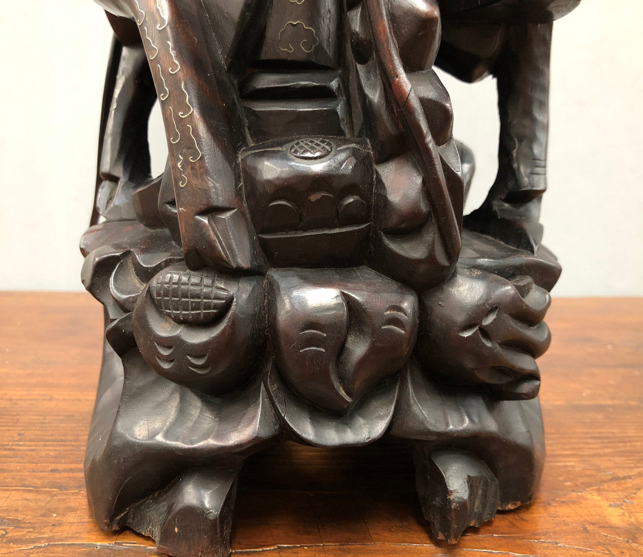 Antique Chinese hand carved Rosewood Immortal "Shou Xing" God of longevity lamp base. Profusely inlaid with brass cloisons. Meiji period Circa 1880.