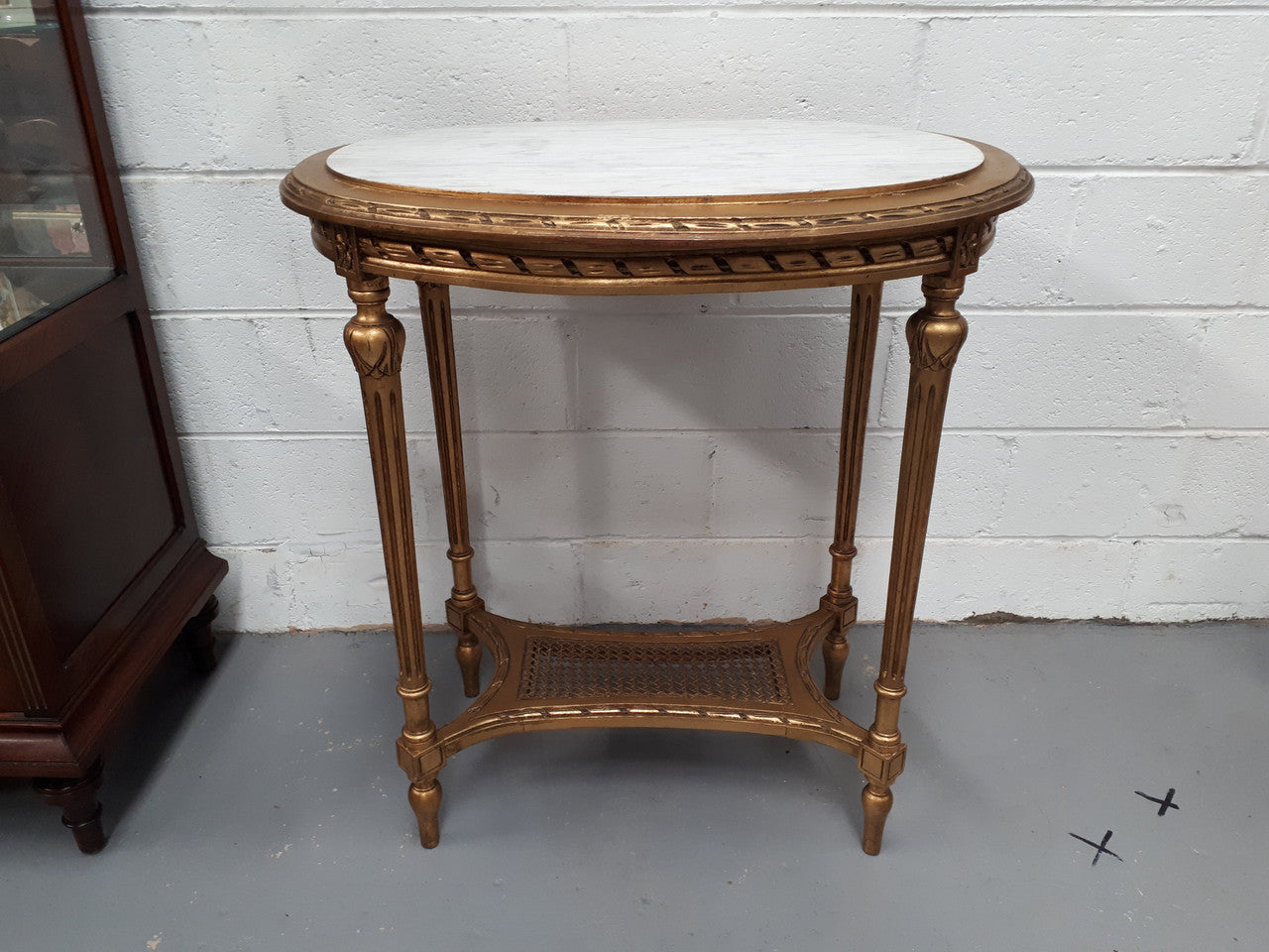 Antique French 19th century Louis XVI style oval inset marble top & giltwood salon/side table. In good condition. Circa 1890.