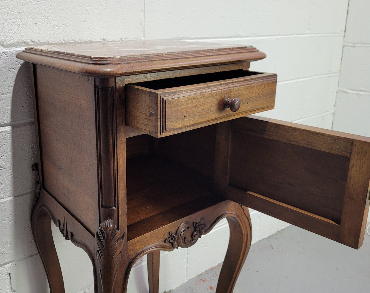 French Louis XV Style Walnut Bedside With Inset Marble Top
