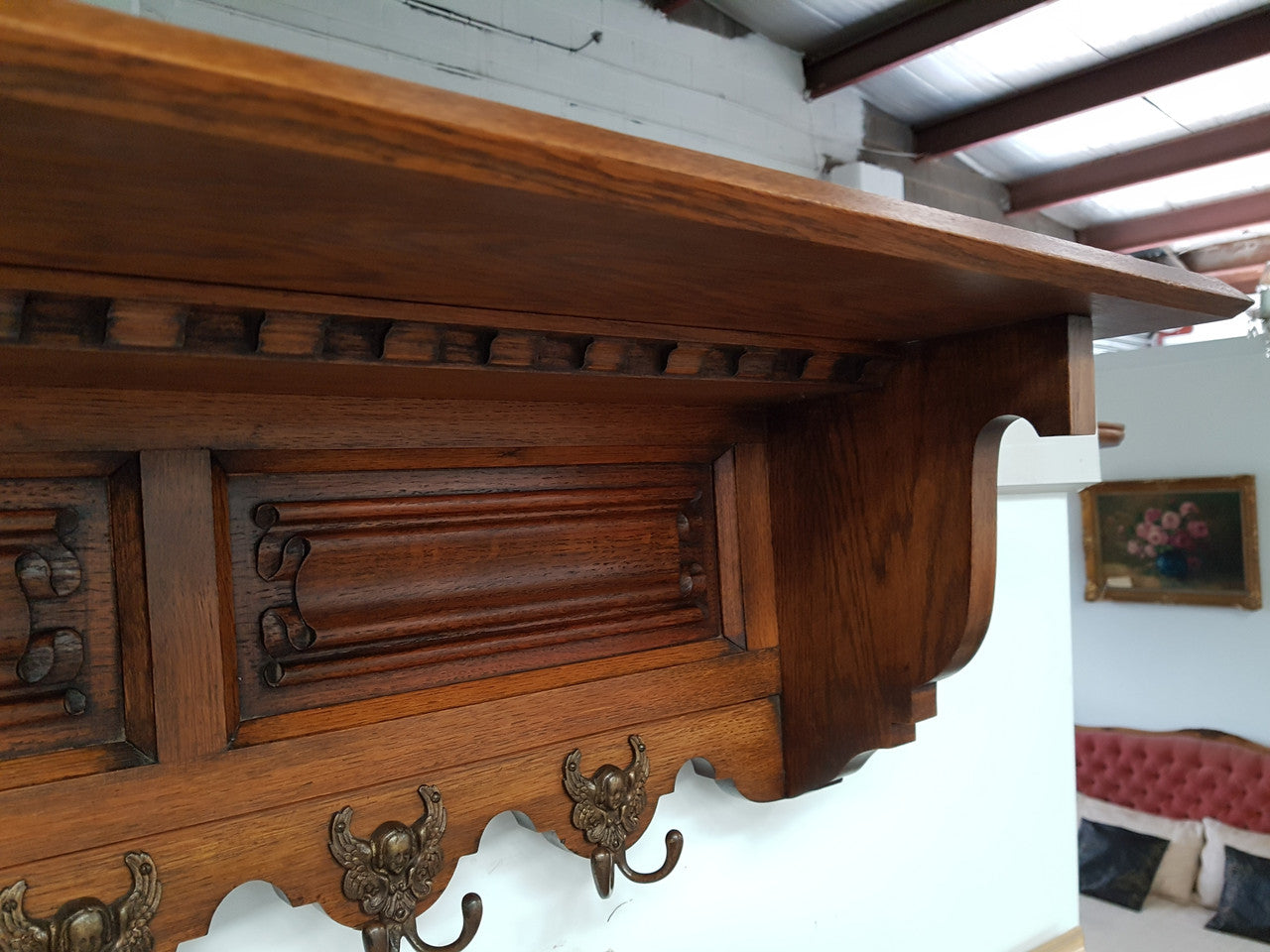 Vintage Highly Decorative French Carved Oak Coat Rack