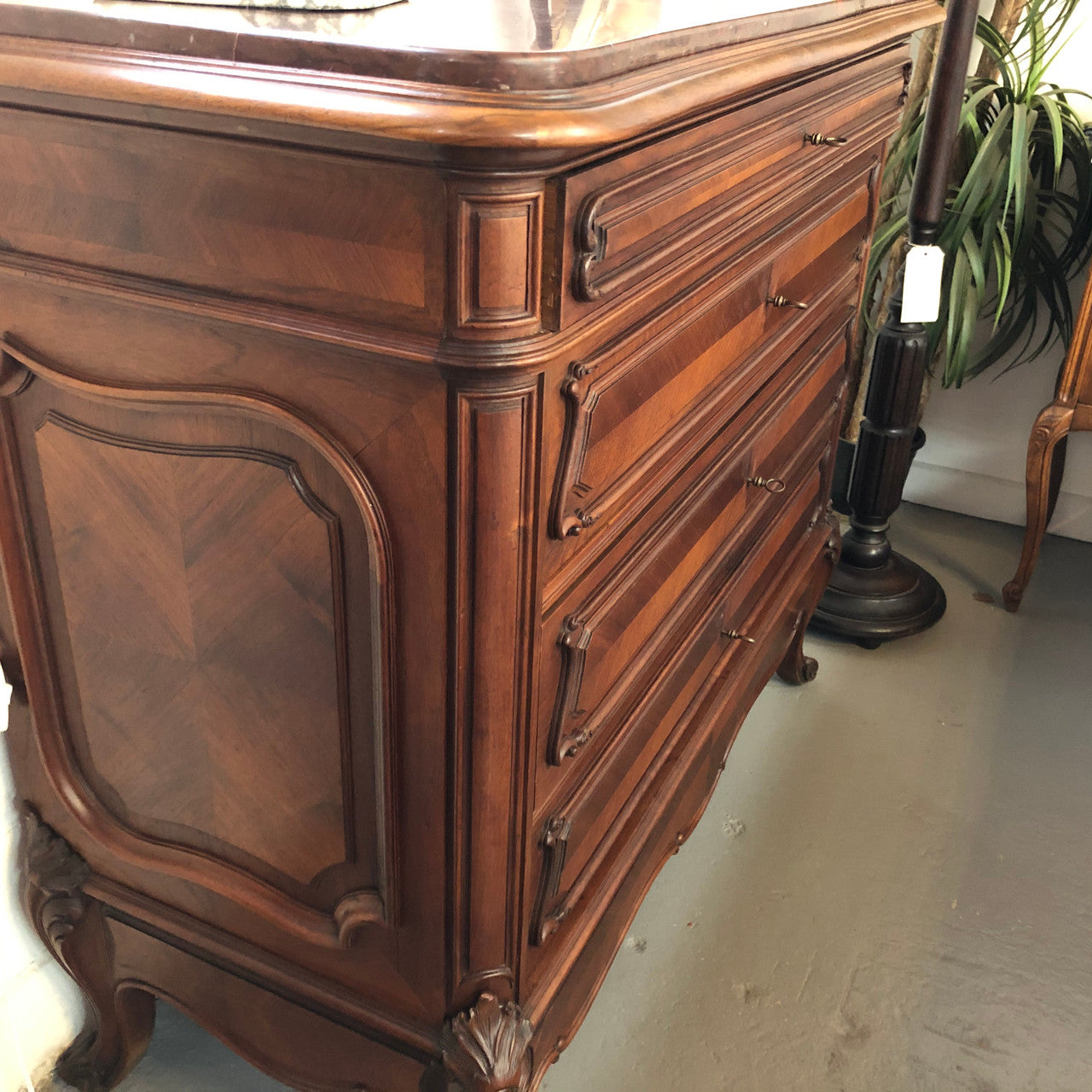 19th Century French Walnut five-drawer marble top commode. In good original detailed condition.