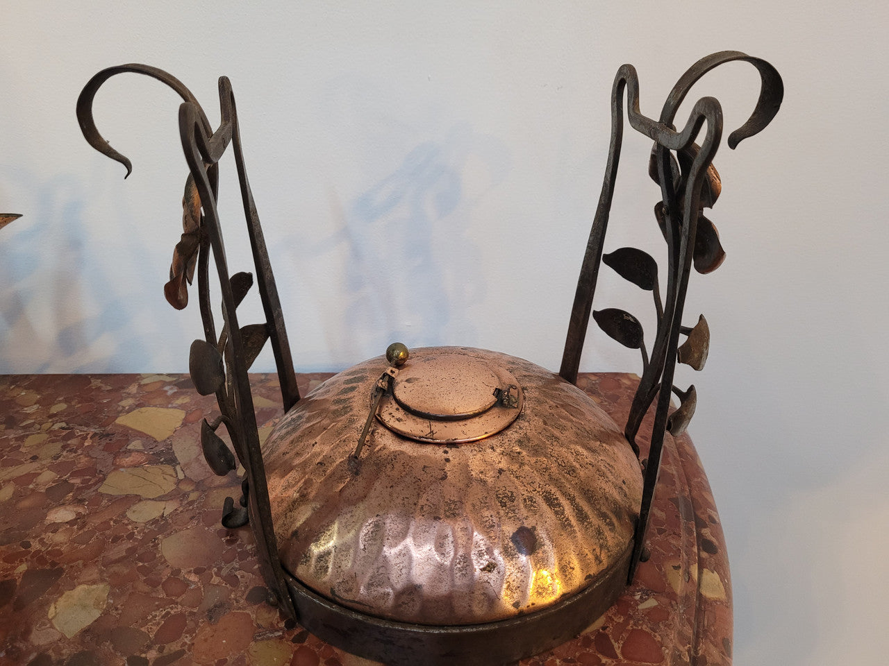 Art Nouveau style rustic Copper kettle on stand. Decorative only.