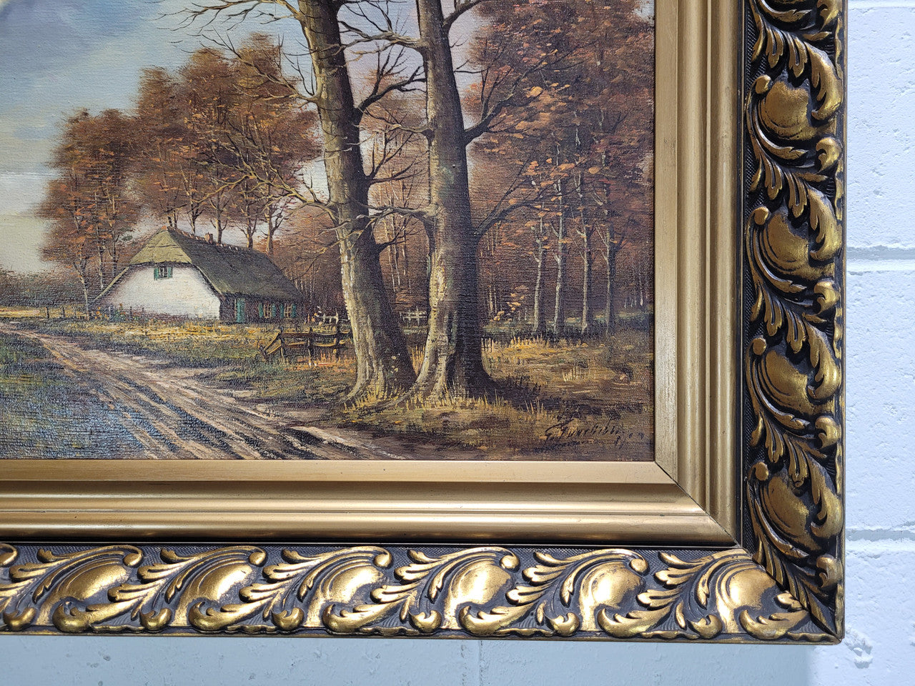 Stunning French oil on canvas painting of a cottage landscape, in great original gilt frame.