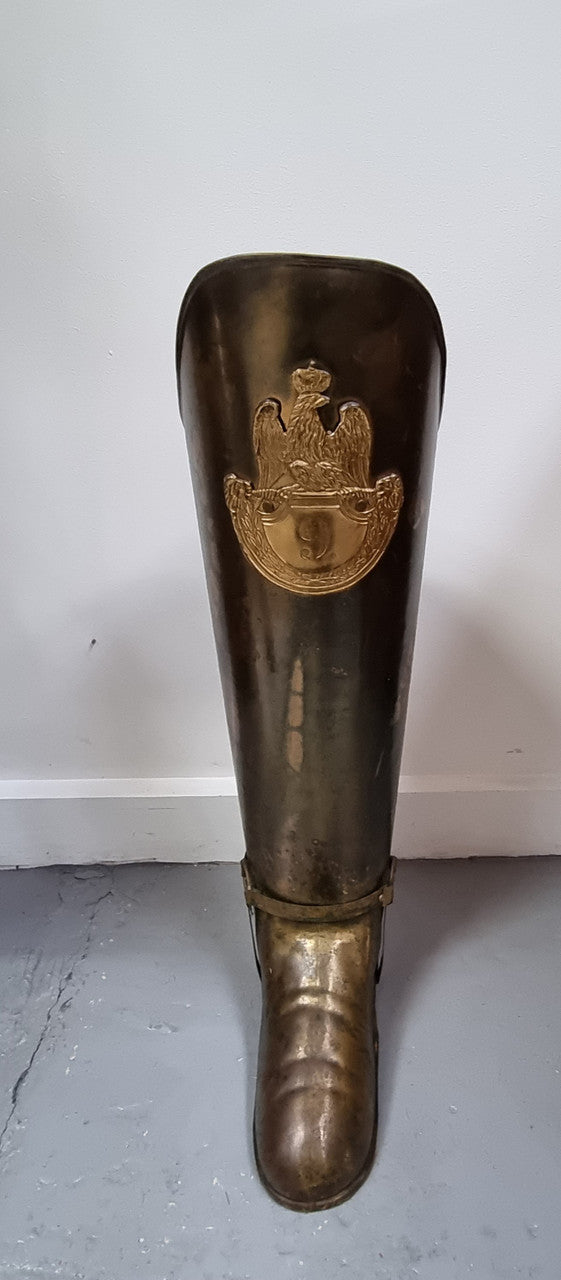 Fabulous French brass decorative boot for storing your umbrellas for walking sticks in good condition. makers stamp underneath .