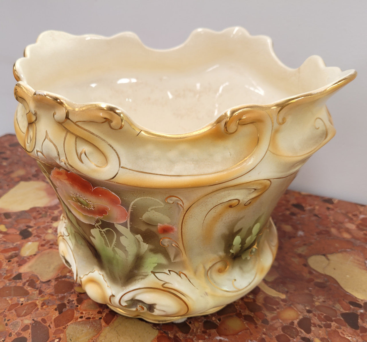 Lovely Antique jardiniere with beautiful poppies in soft pastel colours. Please note that it is being sold in as found condition, please view photos as they help form part of the description.
