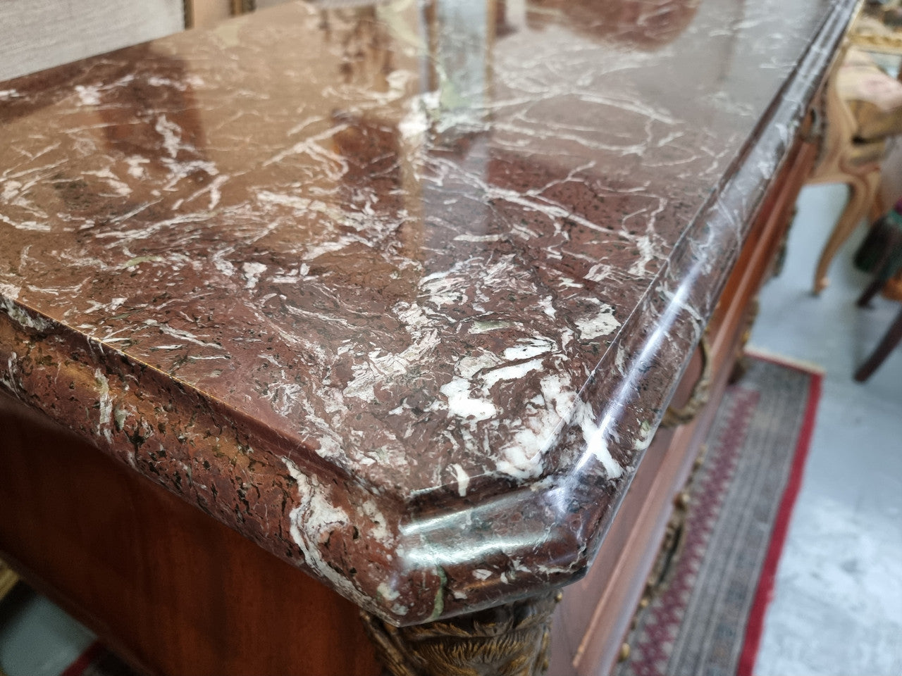 French Louis XVI style three drawer commode with amazing coloured marble. It has decorative brass mounts and is in very good original detailed condition.
