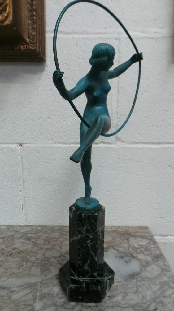 French Art Deco Hoop Lady Statue Signed By Danseuse Au Cerceau