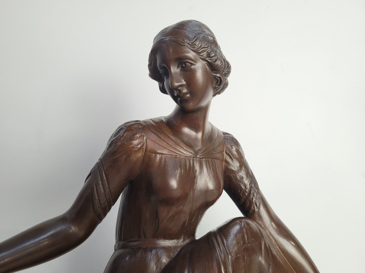 Art Deco bronze statue with brown patina of a lady and parrot on marble base. Signed by Italian Sculptor A Trefolini, an highly regarded sculptor, in very good condition.