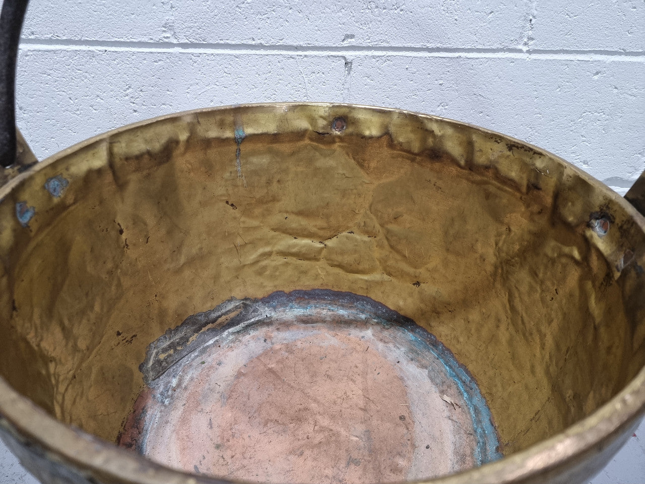 Antique French brass firewood handled bucket. In good original detailed condition.