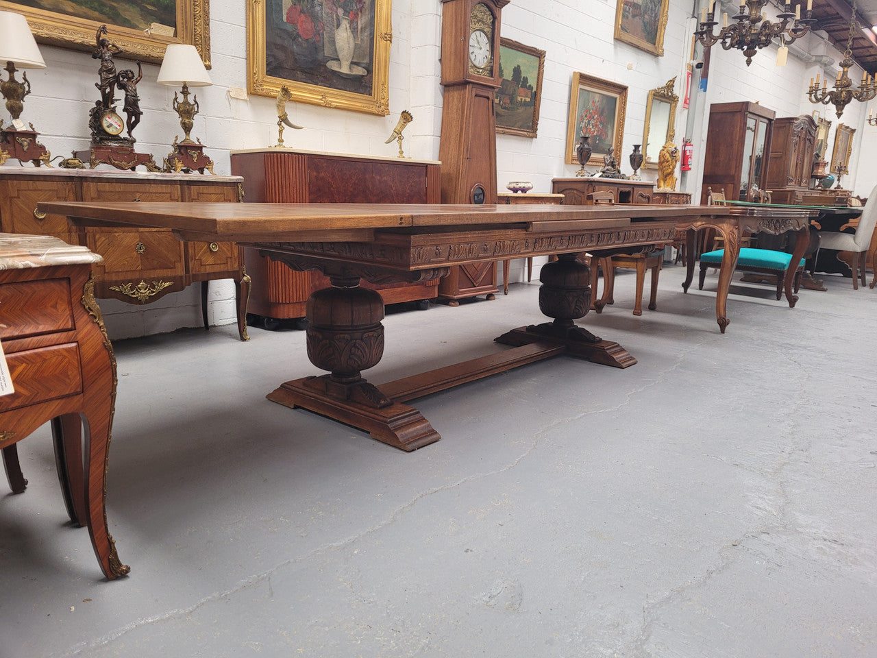 French Oak Renaissance Style Extension Table With Stretcher Base
