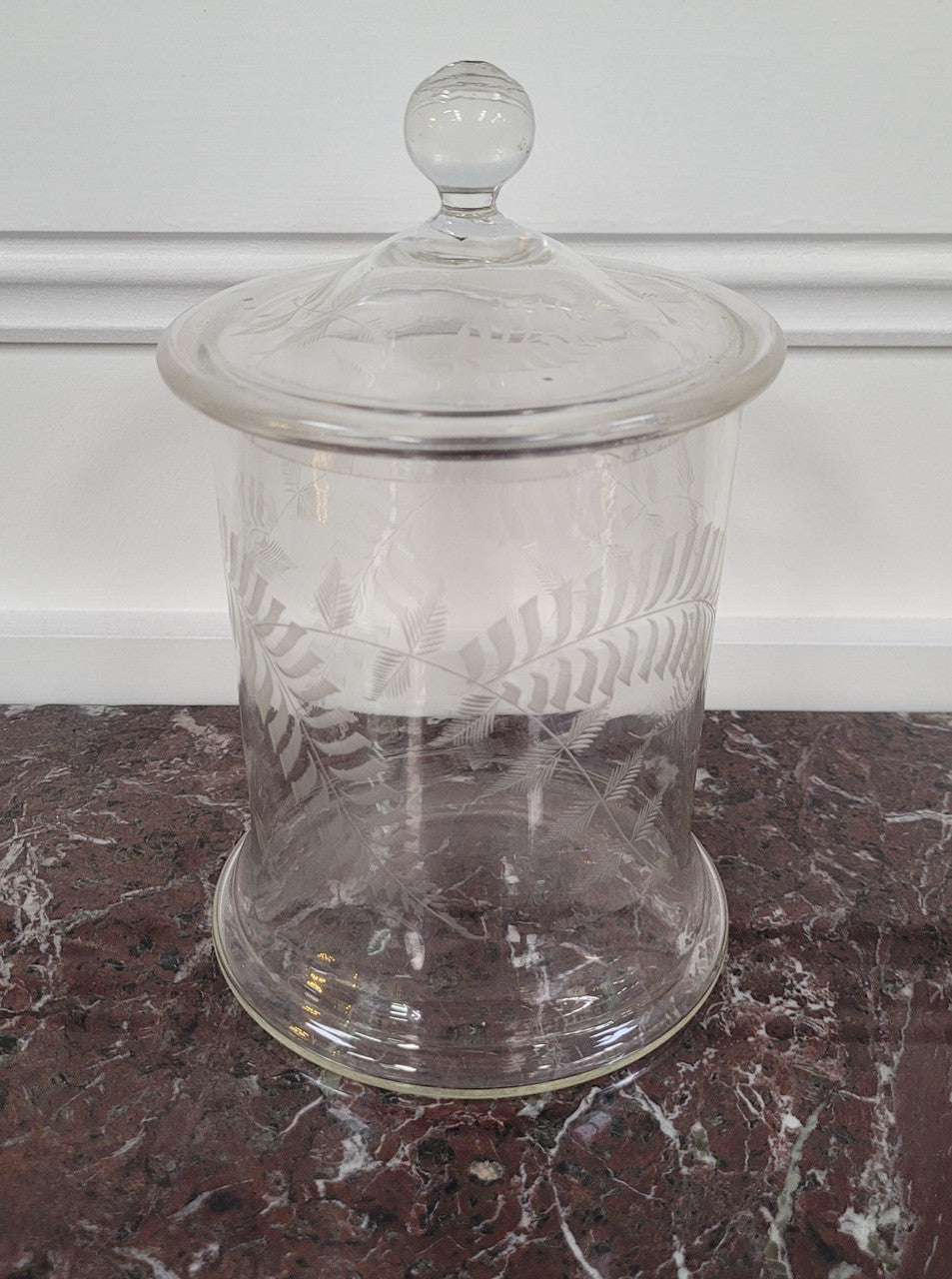 Victorian etched glass lidded jar. Please view photos as they help form part of the description.