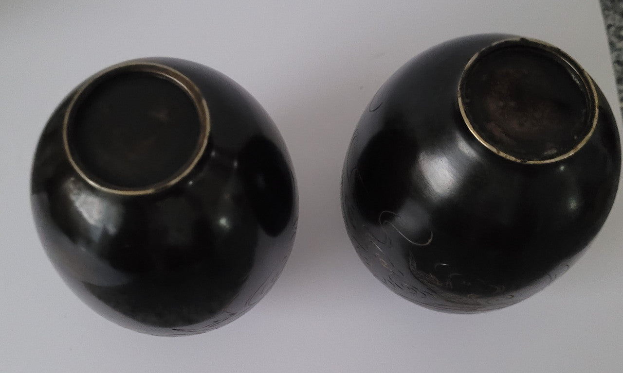 Pair of Antique Meiji Period Japanese etched Bronze vases. It is in good original condition, please view photos as they help form part of the description.