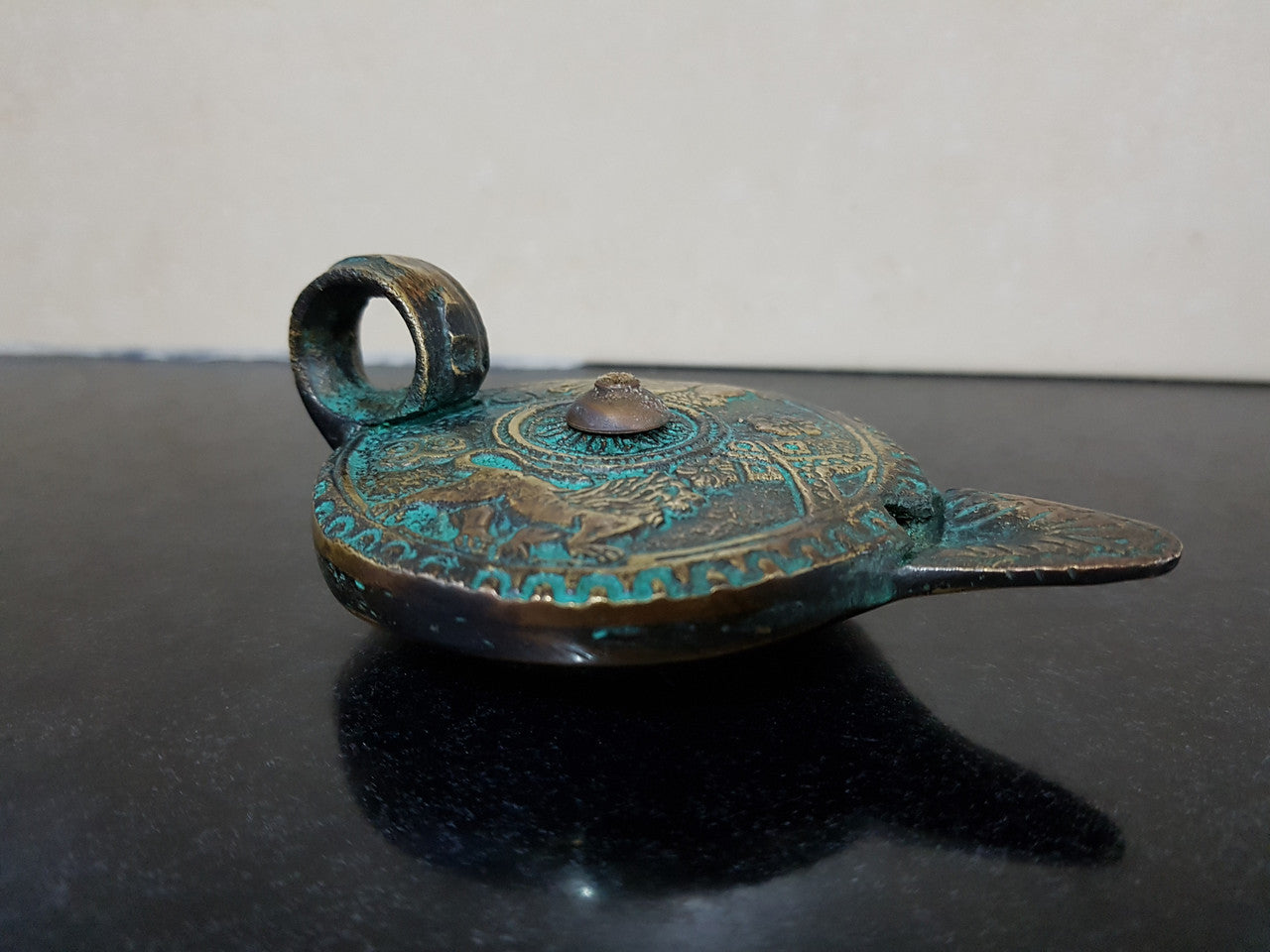 Antique Roman Style Bronze Oil Lamp Traces Of Original Gilding