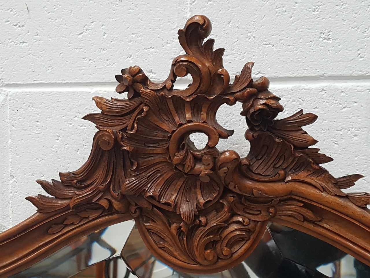 French Antique Louis XV Style Walnut Bevelled Glass Mantle Mirror