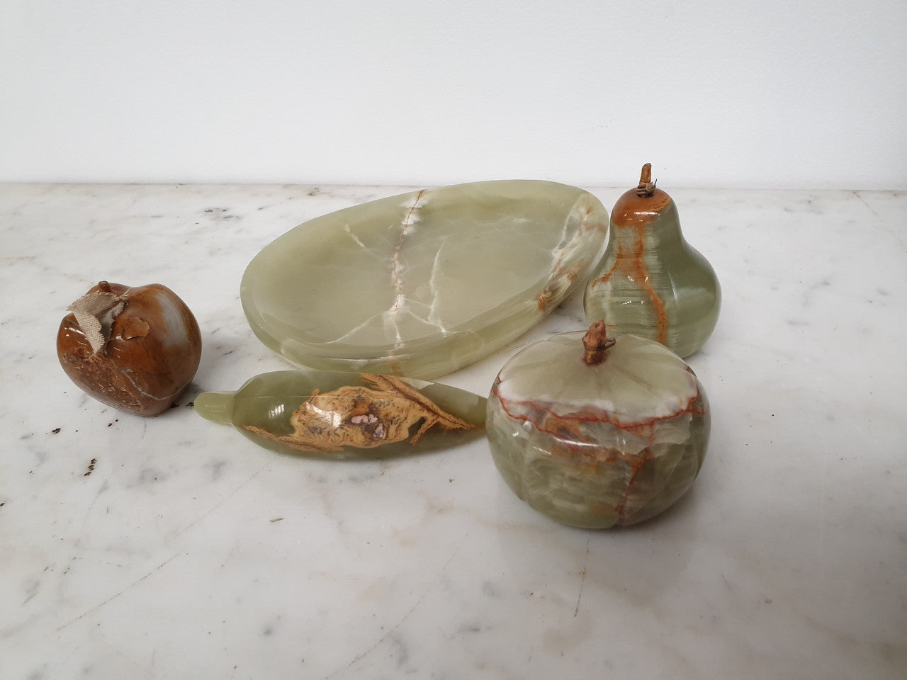 Unusual Alabaster Set Of Four Fruit On Plate