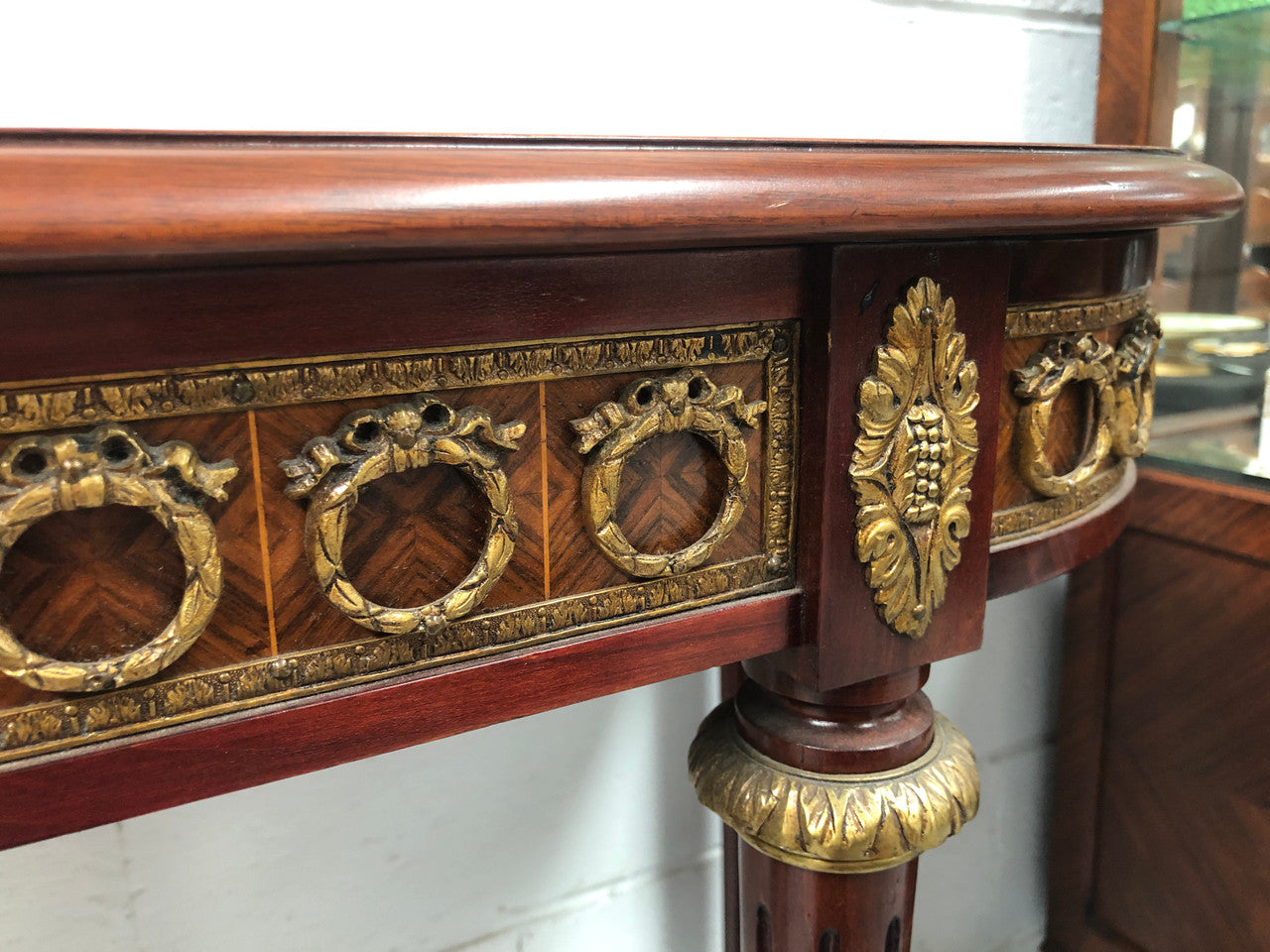 Fully restored decorative French style mahogany console table, with beautiful ormolu mounts and in very good condition.