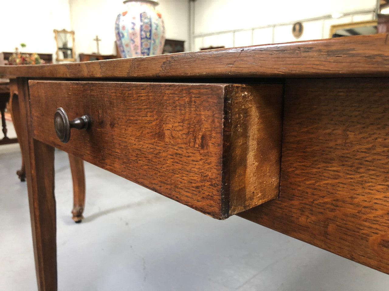 French Elm & Oak Farmhouse Table With Tapered Legs & Drawers