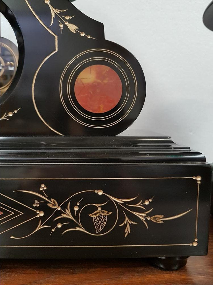 French Black Marble Three Piece Clock Set