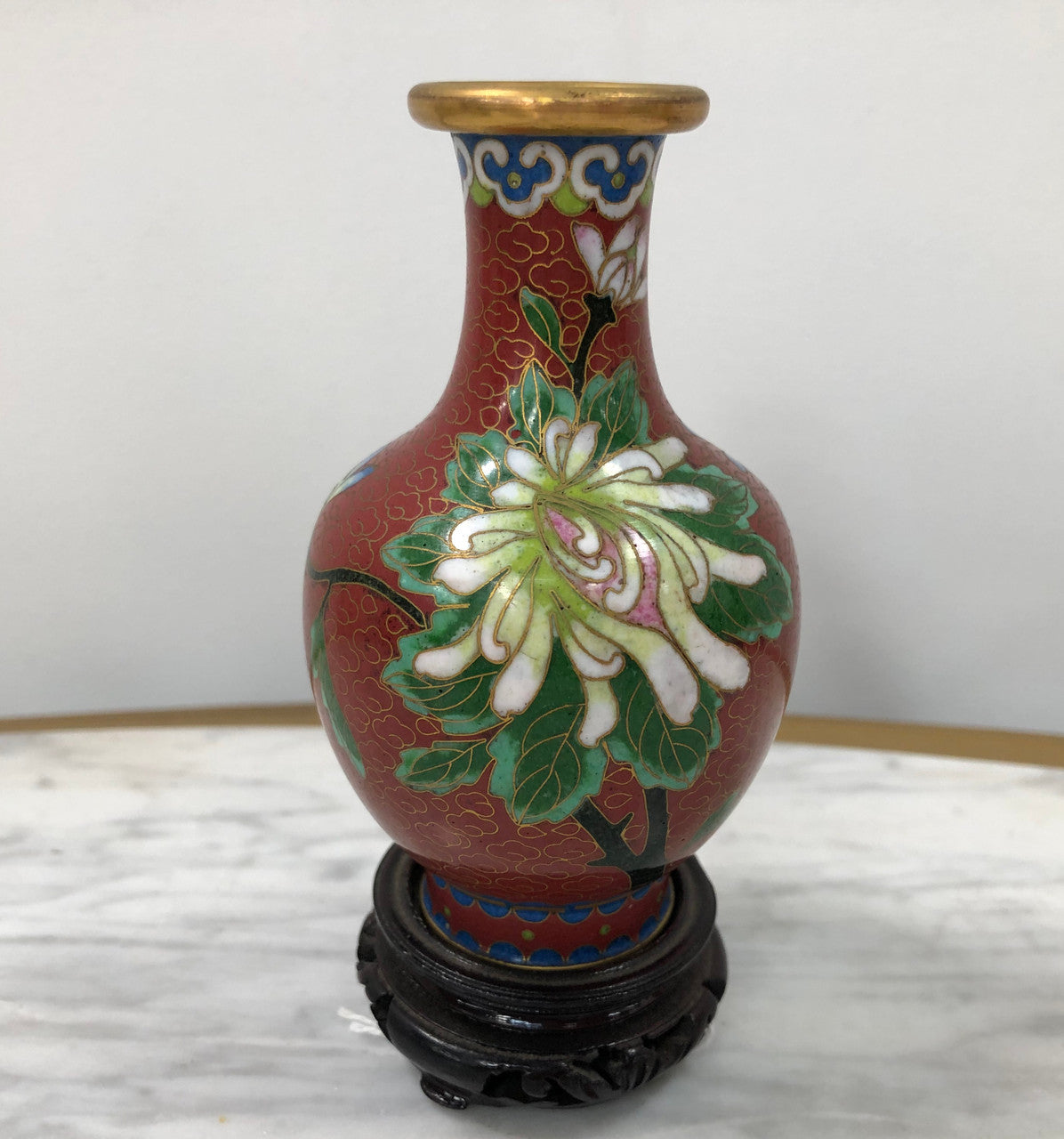 Small Red Cloisonné Vase On Carved Stand