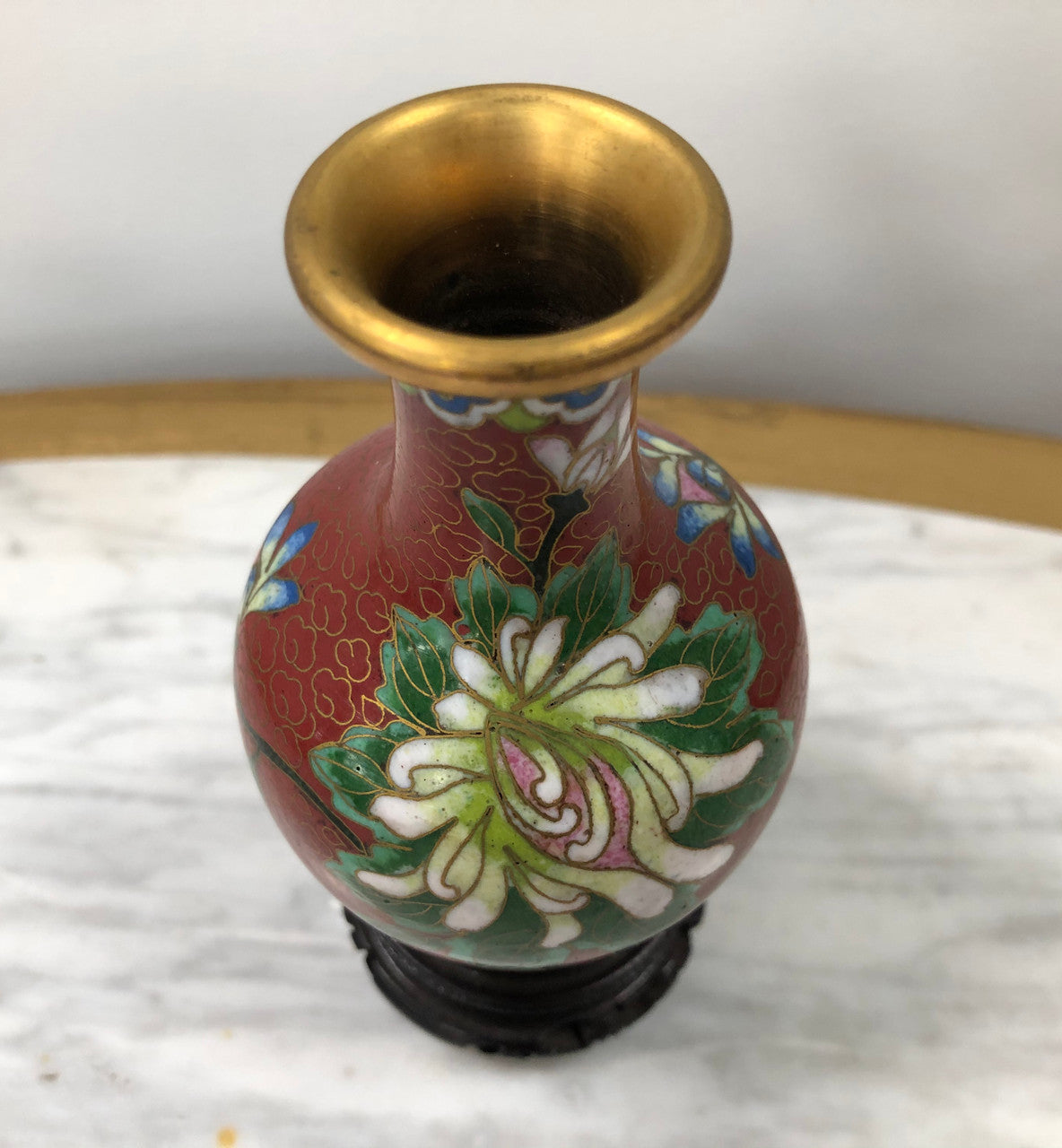Small Red Cloisonné Vase On Carved Stand